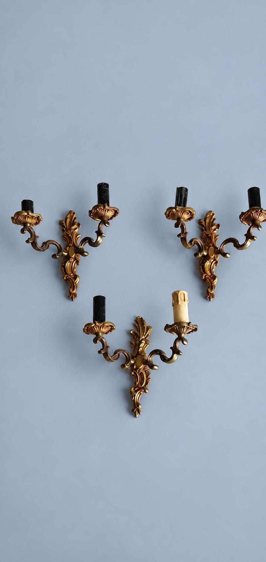 Vintage Set of Three Louis XV Rocaille Style Wall Sconces, Gilt Metal Volutes and Foliage, Two Lights Each, 21 cm