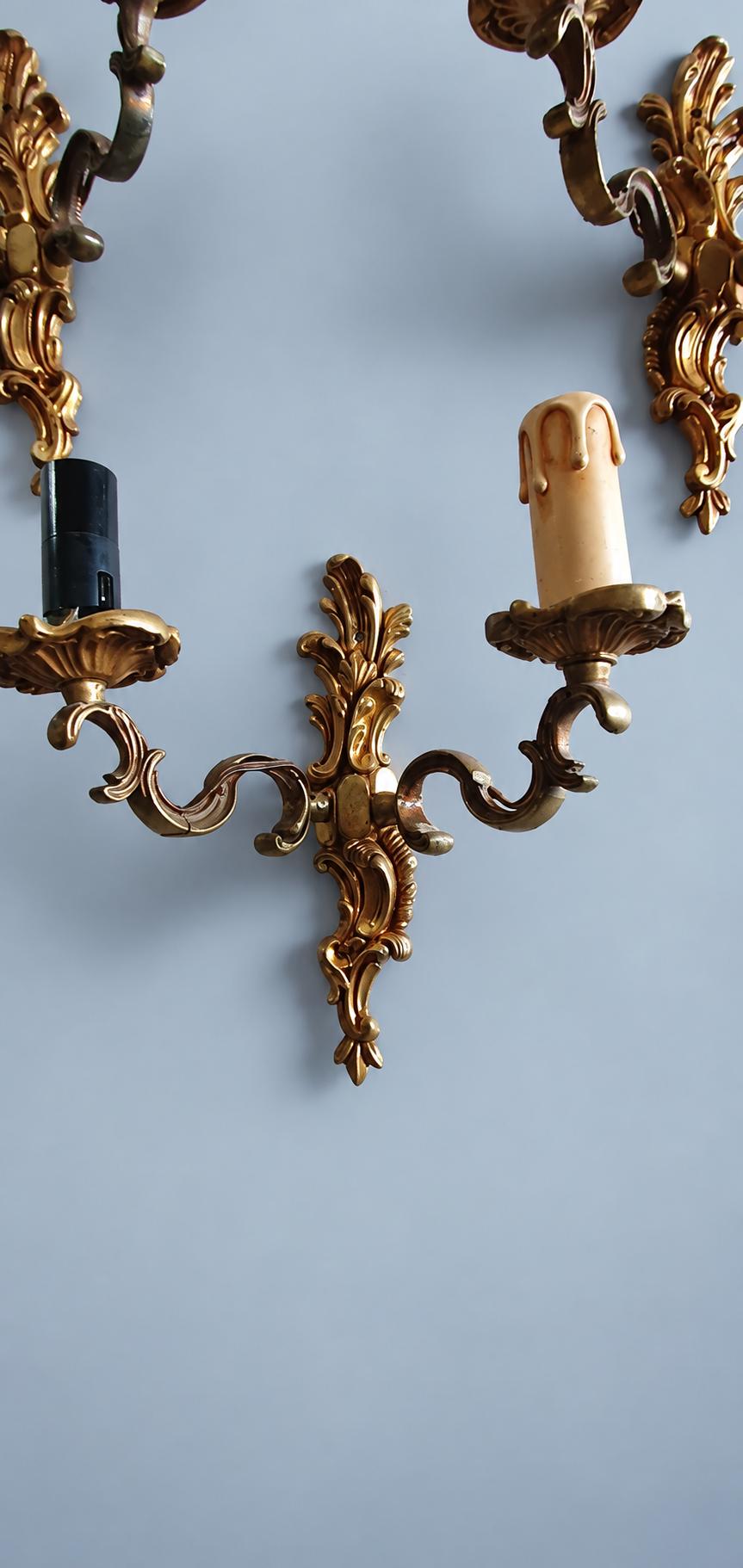 Vintage Set of Three Louis XV Rocaille Style Wall Sconces, Gilt Metal Volutes and Foliage, Two Lights Each, 21 cm