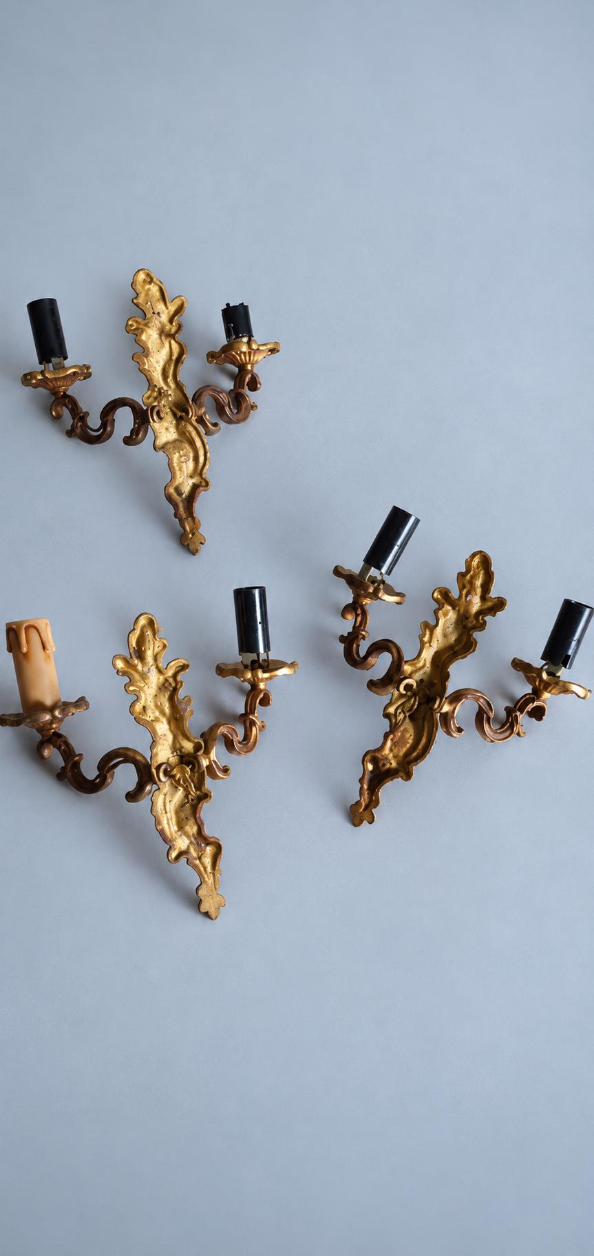 Vintage Set of Three Louis XV Rocaille Style Wall Sconces, Gilt Metal Volutes and Foliage, Two Lights Each, 21 cm