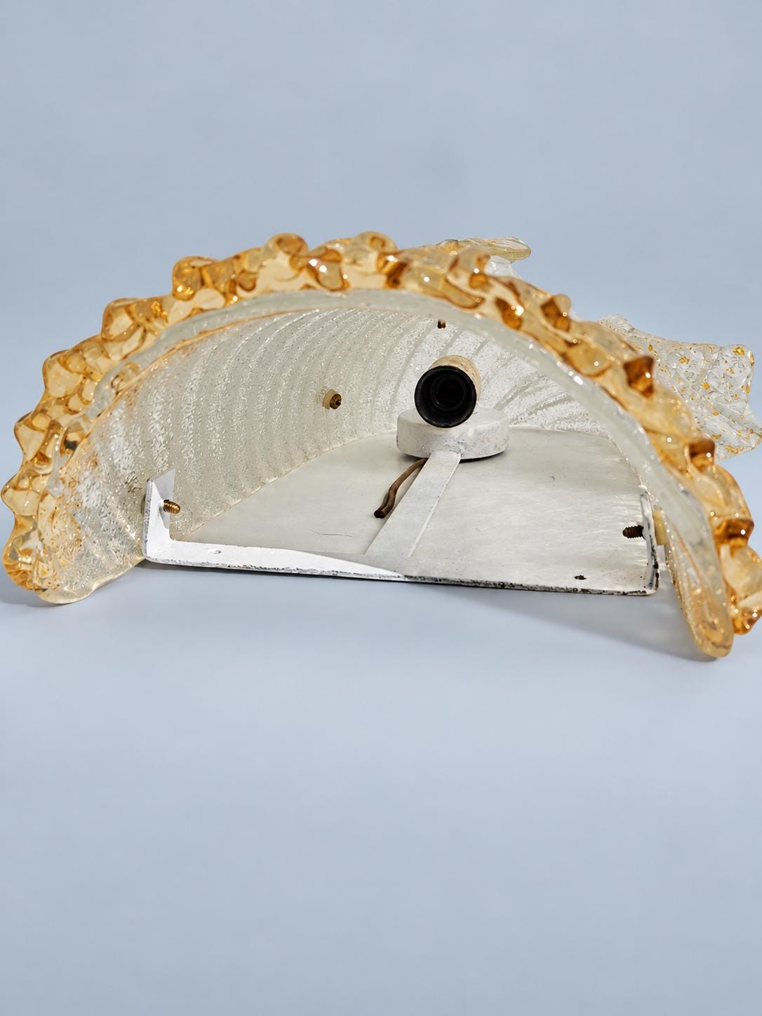 Shield-Shaped Glass Wall Sconce with Graniglia Texture, Amber Ruffled Rim, Glass Leaves and Flower, 30 cm