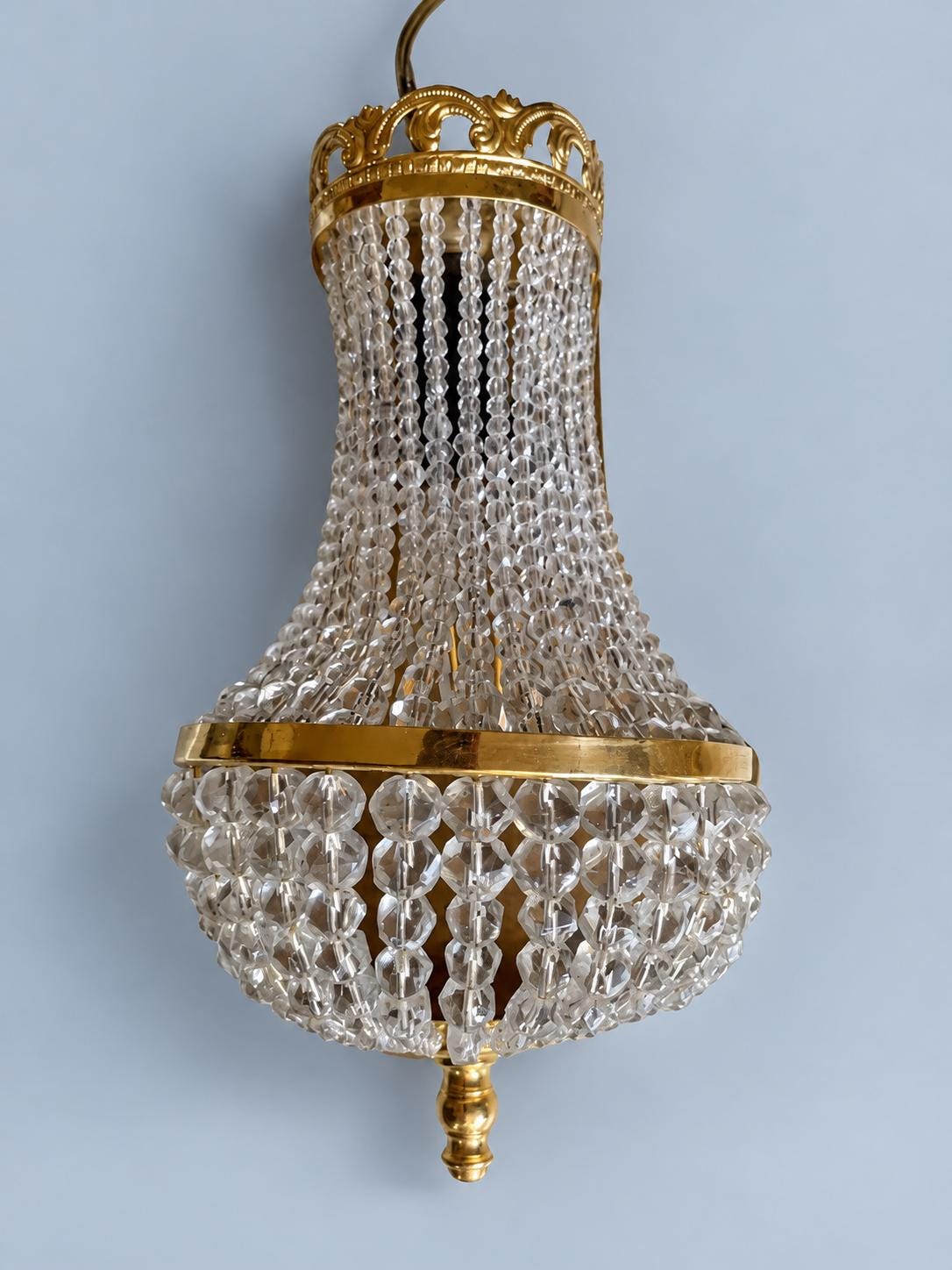 Vintage Pair of Empire Style Montgolfière Wall Sconces, Brass with Faceted Glass Bead Basket, 23 cm