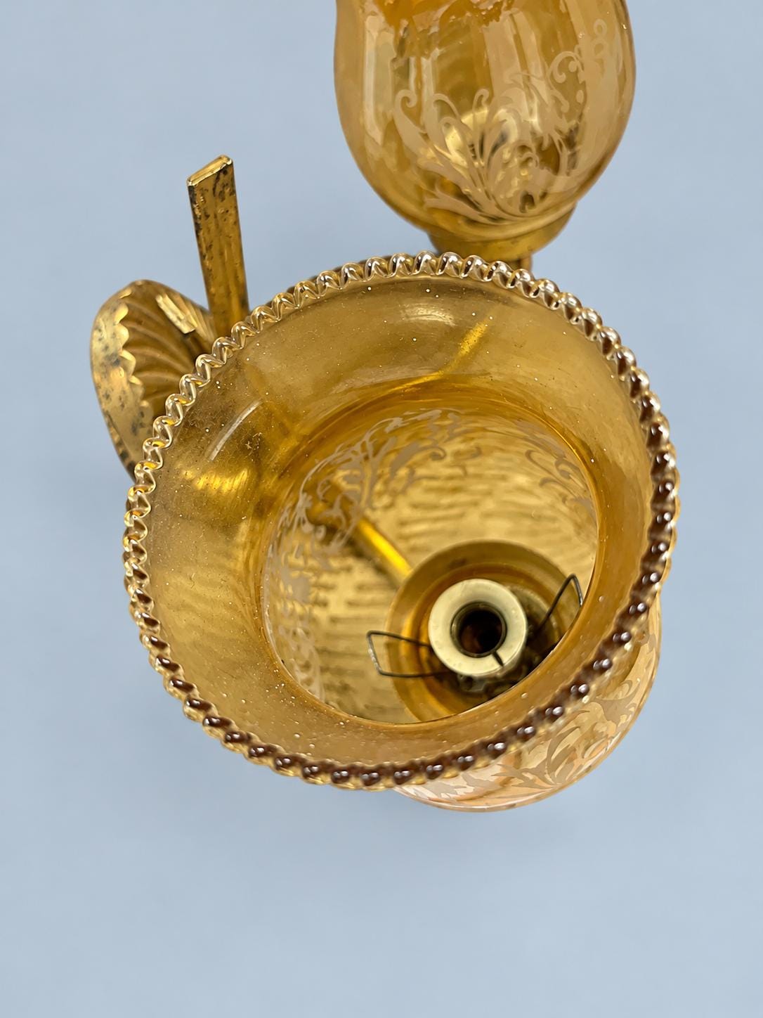 Vintage Two-Arm Wall Sconce with Amber Etched Glass Hurricane Shades, Gold-Painted Metal with Fan Backplate, 22 cm