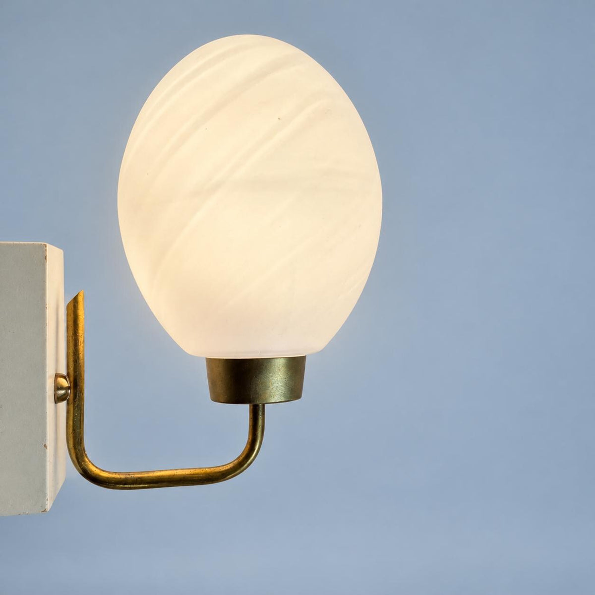 Vintage Pair of Mid-Century Egg Wall Sconces, White Opal Glass Globes on Brass Arms with White Bases, 21 cm