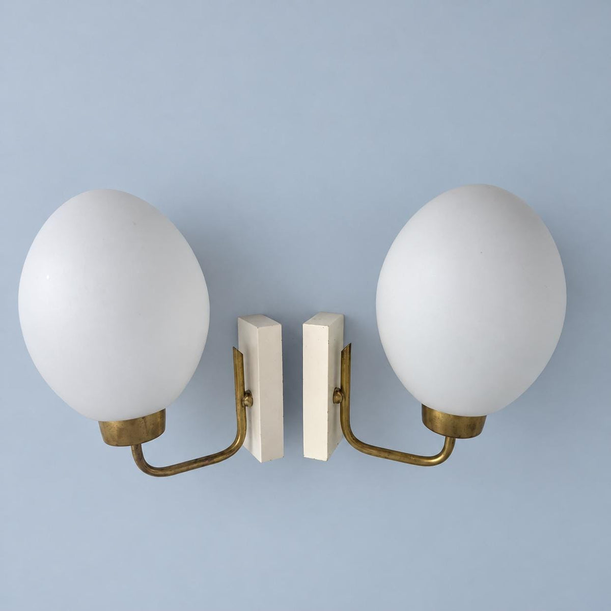 Vintage Pair of Mid-Century Egg Wall Sconces, White Opal Glass Globes on Brass Arms with White Bases, 21 cm
