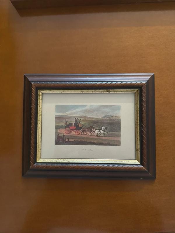 Small Framed English Coaching Print, Four-Horse Coach on a Country Road, Wood Frame with Gilt Slip, 24 × 19 cm