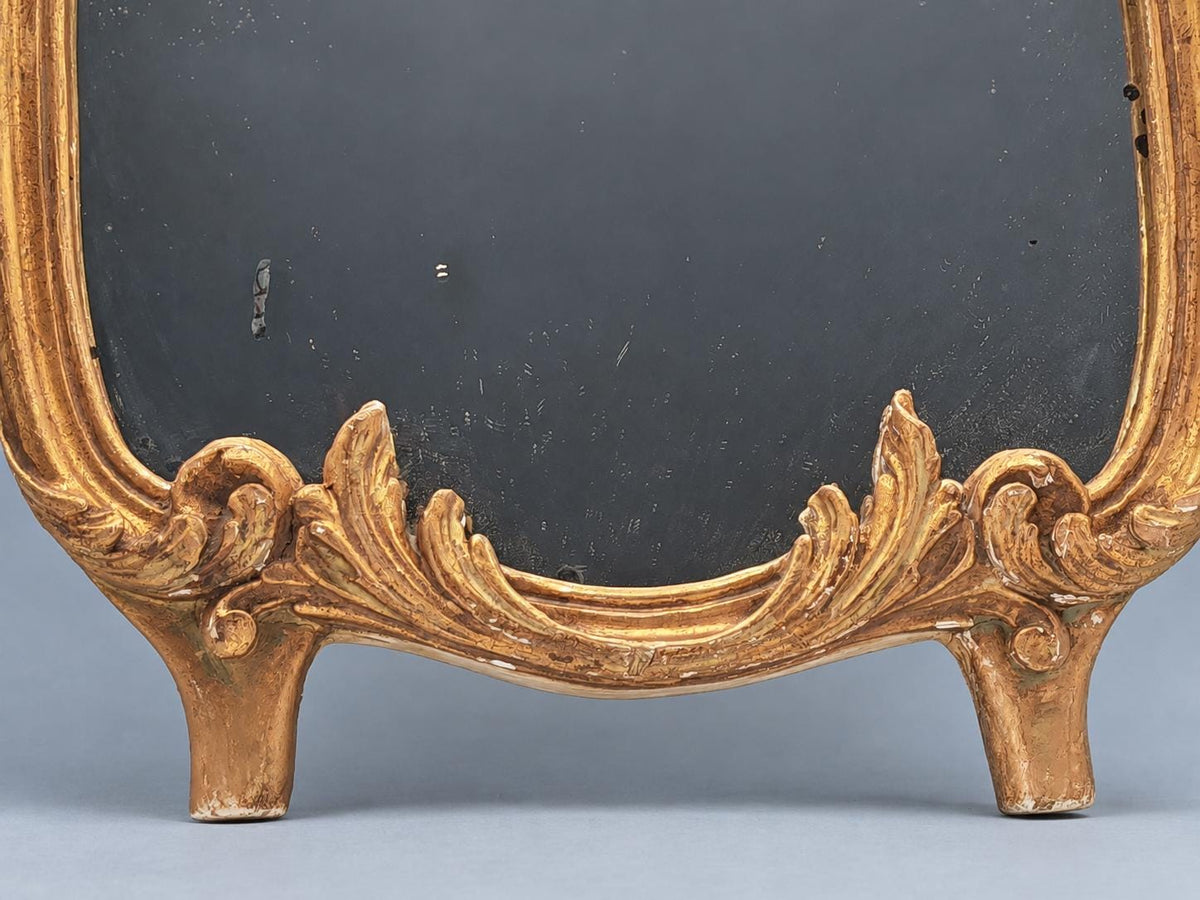Vintage Rocaille Style Giltwood and Gilt Stucco Mirror, Shell Crest and Scrolls, Shaped Frame on Small Feet, 42 cm