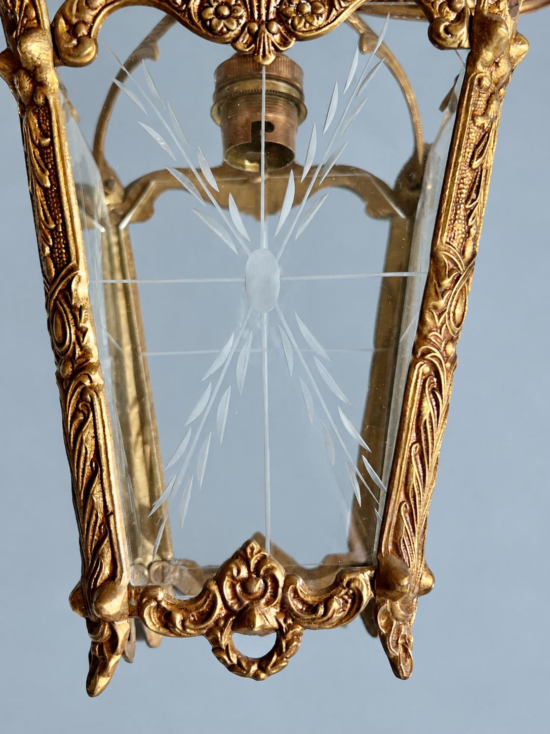 Vintage Hall Lantern Pendant with Etched Glass Panels, Brass-Tone Metal Frame with Leafy Scrolls and Palmette Crest, Chain and Canopy