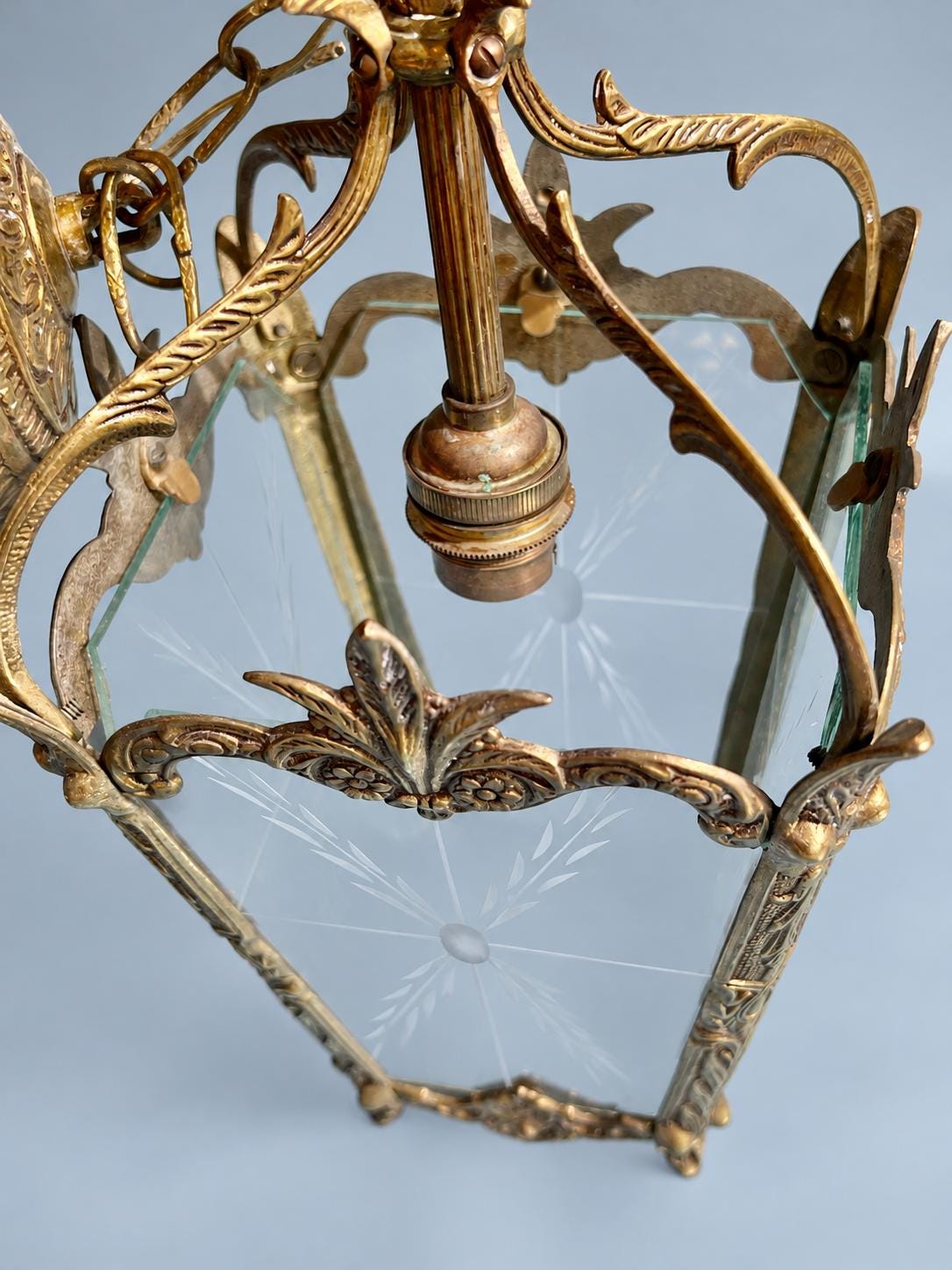 Vintage Hall Lantern Pendant with Etched Glass Panels, Brass-Tone Metal Frame with Leafy Scrolls and Palmette Crest, Chain and Canopy