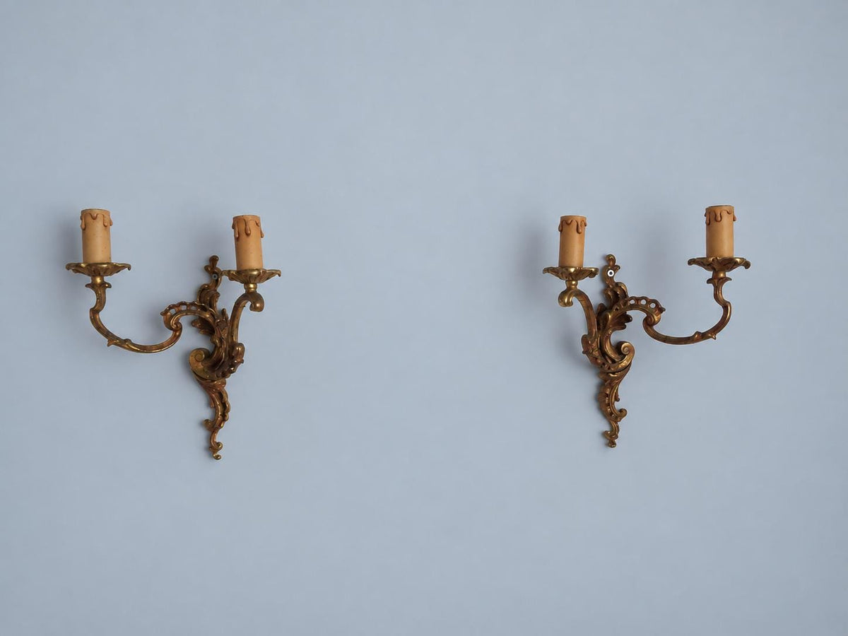 Vintage Mirror-Image Pair of Louis XV Style Wall Sconces, Gilt Metal Pierced Scrolls, Two Candle Lights Each, 30 cm