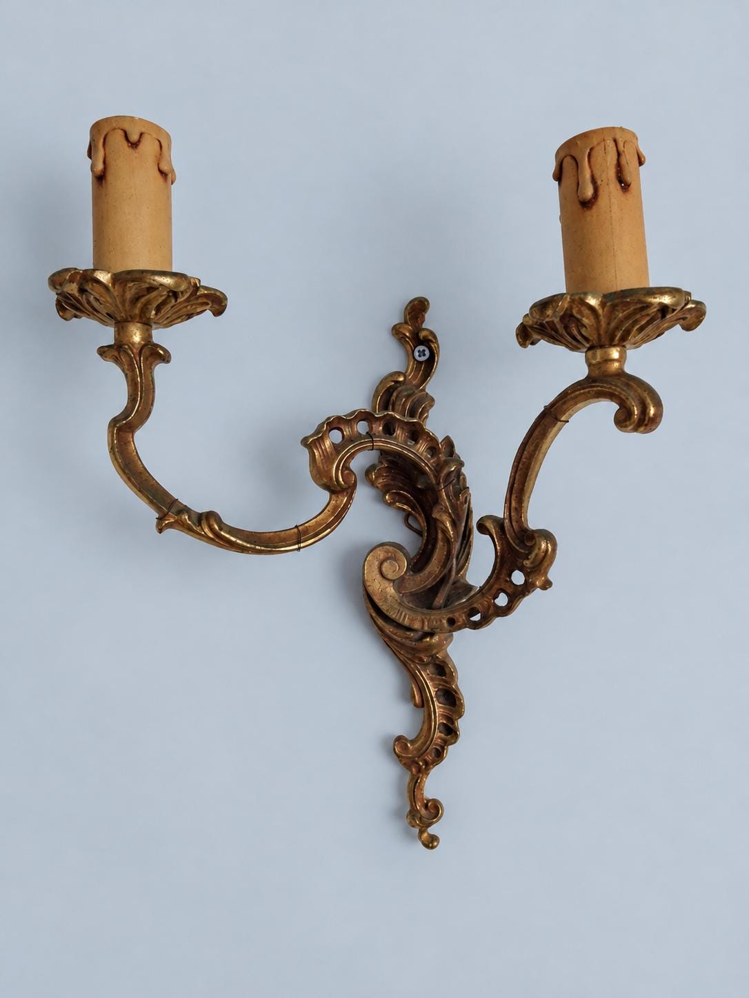 Vintage Mirror-Image Pair of Louis XV Style Wall Sconces, Gilt Metal Pierced Scrolls, Two Candle Lights Each, 30 cm