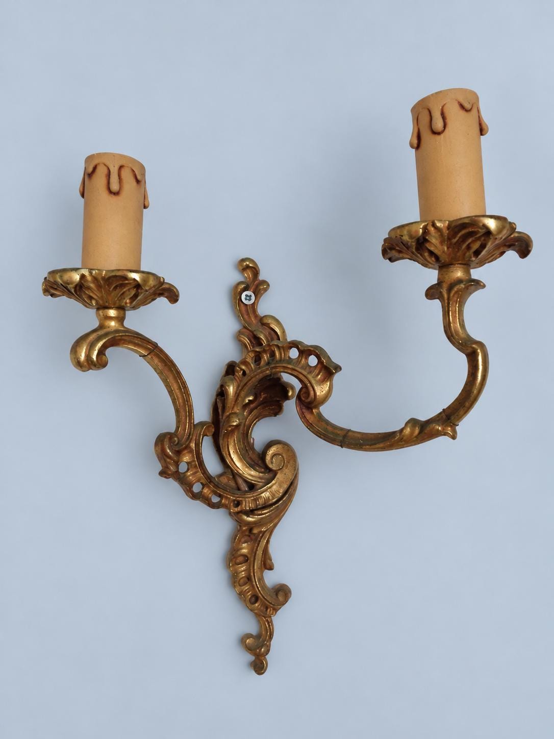 Vintage Mirror-Image Pair of Louis XV Style Wall Sconces, Gilt Metal Pierced Scrolls, Two Candle Lights Each, 30 cm