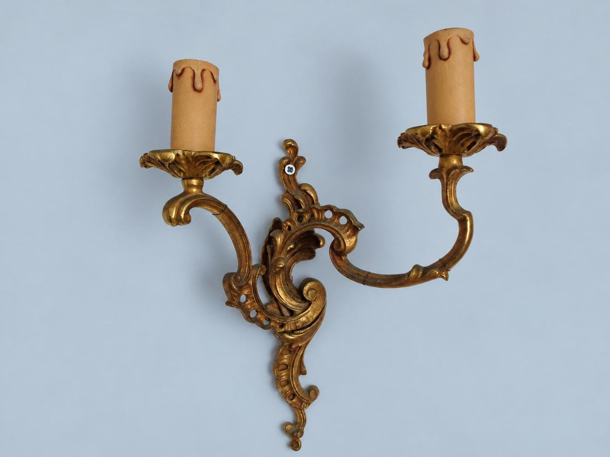 Vintage Mirror-Image Pair of Louis XV Style Wall Sconces, Gilt Metal Pierced Scrolls, Two Candle Lights Each, 30 cm