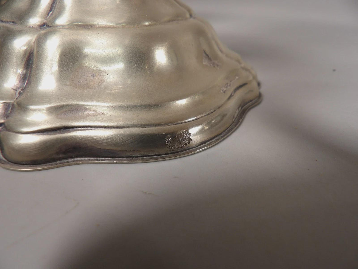 Vintage Pair of Silver-Tone Three-Light Candelabra, Baroque Style Lobed Bases and Scroll Arms, Low Table Height, 19.5 cm