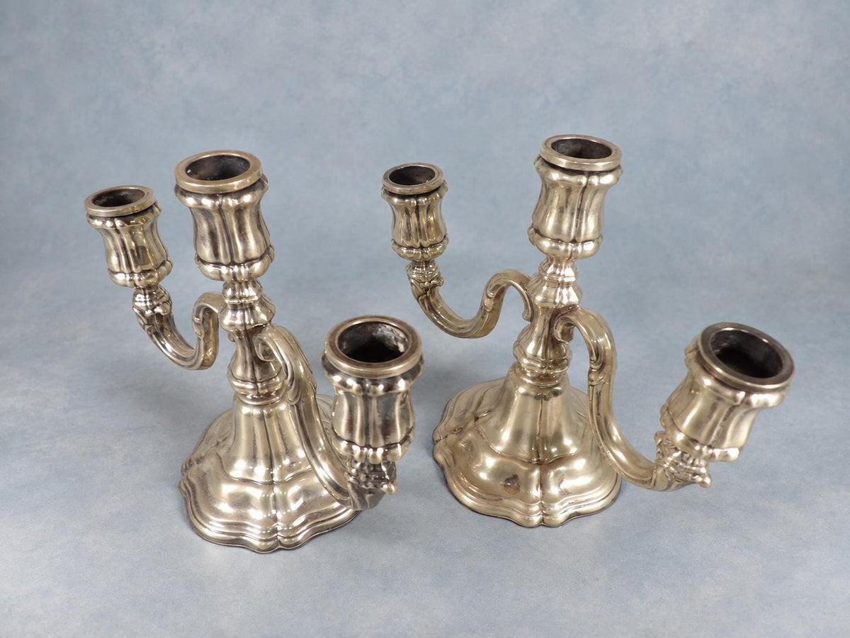 Vintage Pair of Silver-Tone Three-Light Candelabra, Baroque Style Lobed Bases and Scroll Arms, Low Table Height, 19.5 cm