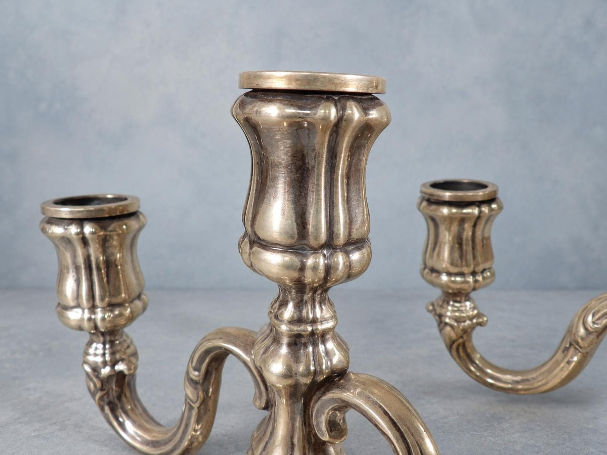 Vintage Pair of Silver-Tone Three-Light Candelabra, Baroque Style Lobed Bases and Scroll Arms, Low Table Height, 19.5 cm
