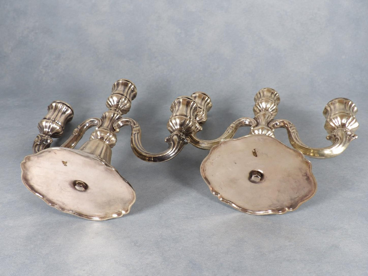 Vintage Pair of Silver-Tone Three-Light Candelabra, Baroque Style Lobed Bases and Scroll Arms, Low Table Height, 19.5 cm