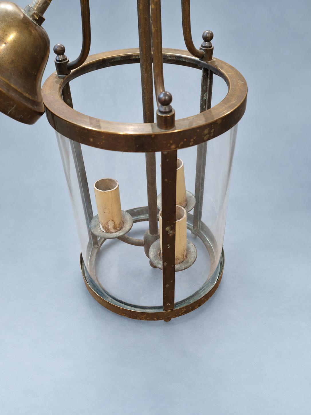 Vintage Directoire Style Brass Hall Lantern, Glass Cylinder Pendant with Three Lights, Chain and Canopy, 62 cm