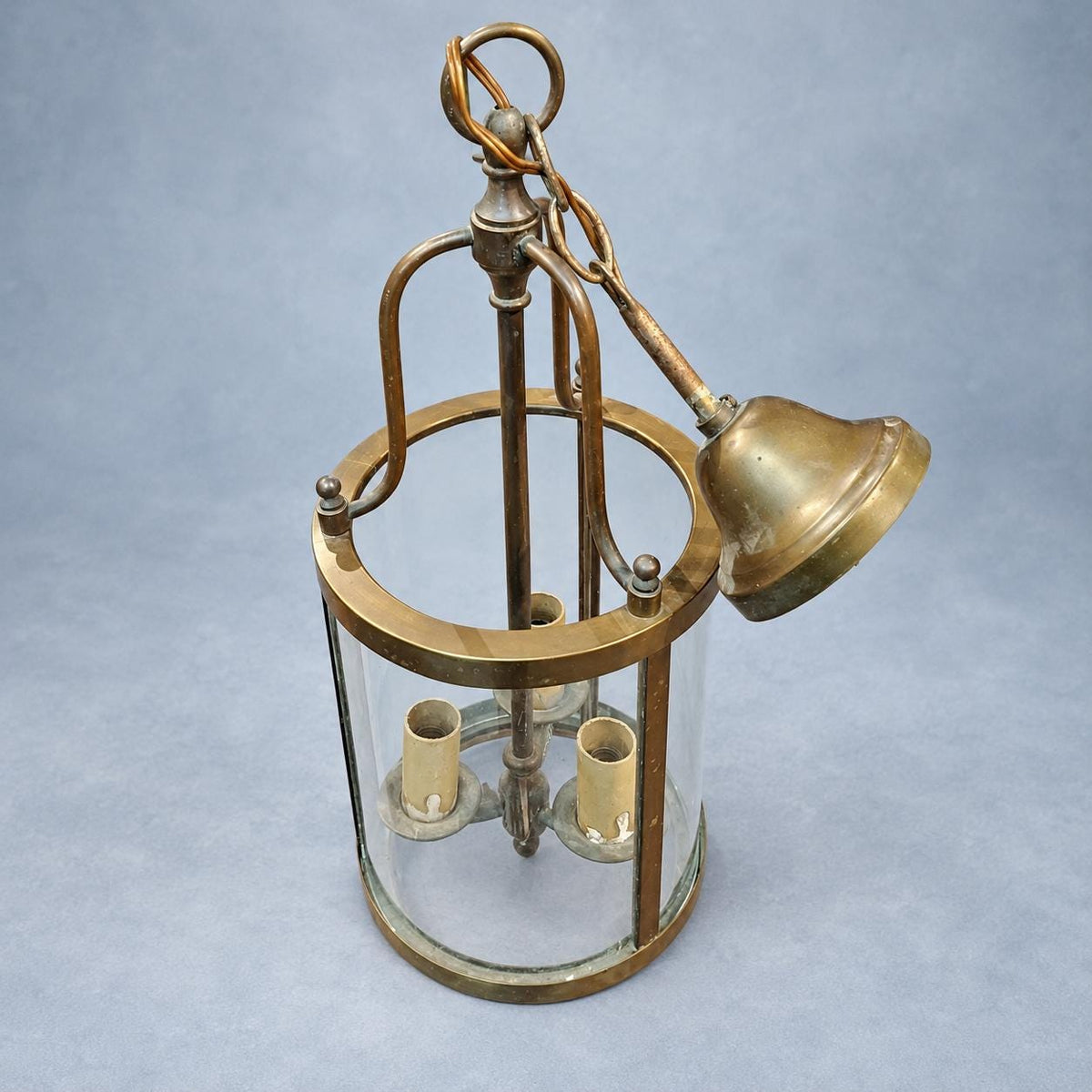 Vintage Directoire Style Brass Hall Lantern, Glass Cylinder Pendant with Three Lights, Chain and Canopy, 62 cm