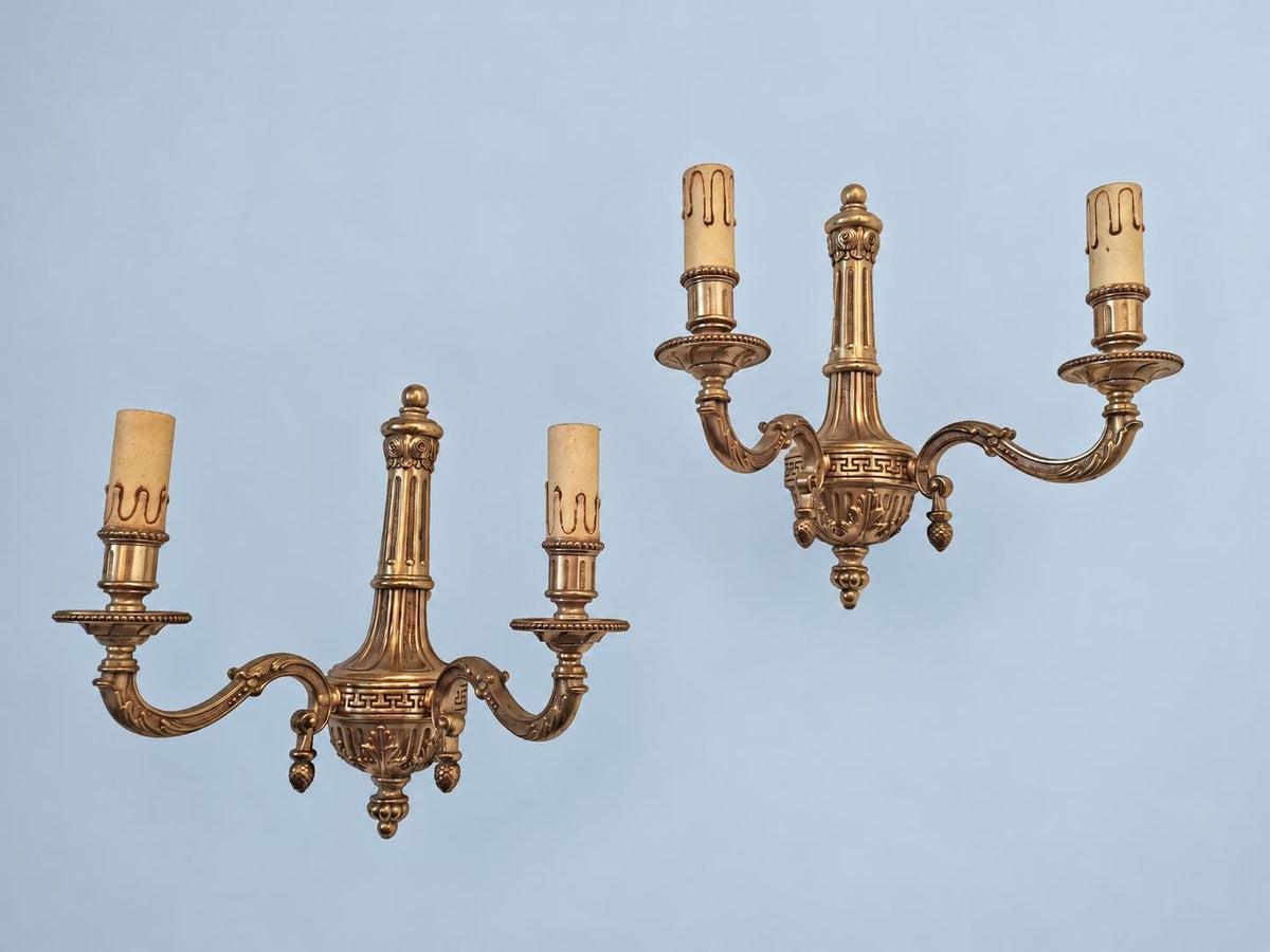 Vintage Pair of Louis XVI Style Wall Sconces, Gilt Metal Fluted Column with Greek Key Band and Pine Cone Drops, Two Lights Each, 30 cm