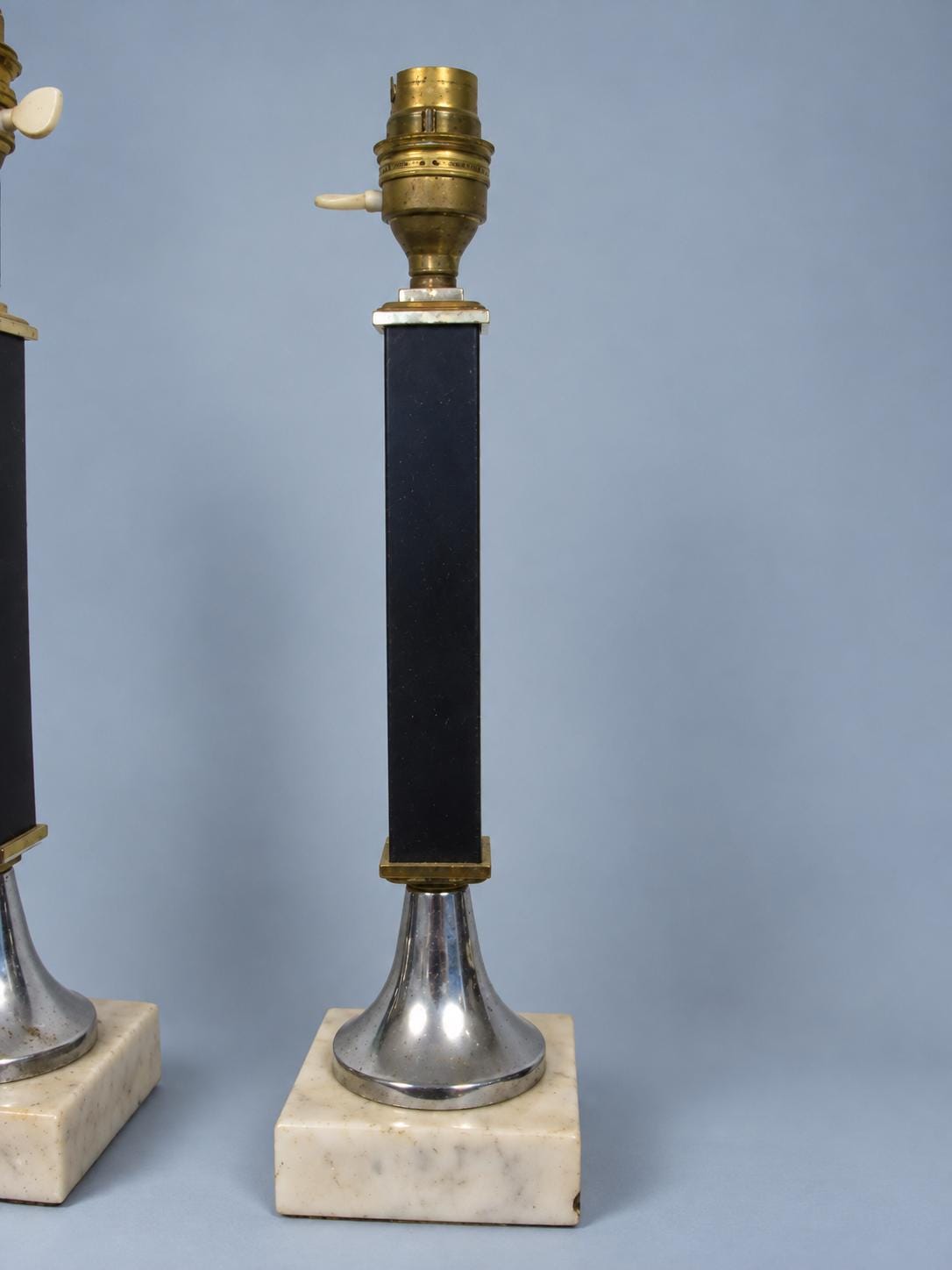 Vintage Pair of Table Lamps, Attributed 1960s–70s, Navy Blue Columns on Chrome and White Marble Bases, Sold Without Shades