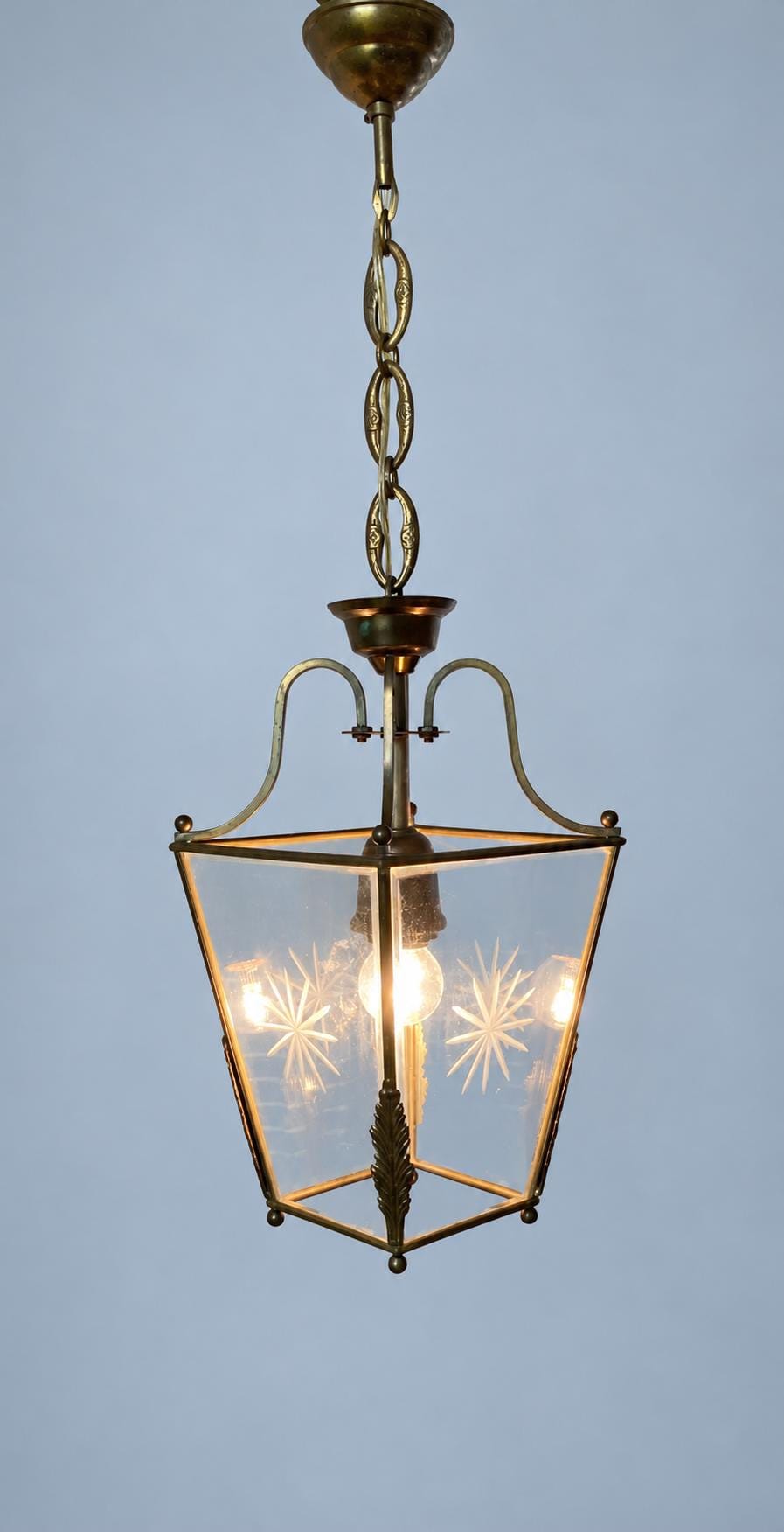 Vintage Brass Hall Lantern, Tapered Square Pendant with Bevelled Star-Cut Glass and Leaf Mounts, Attributed 20th Century, 64 cm