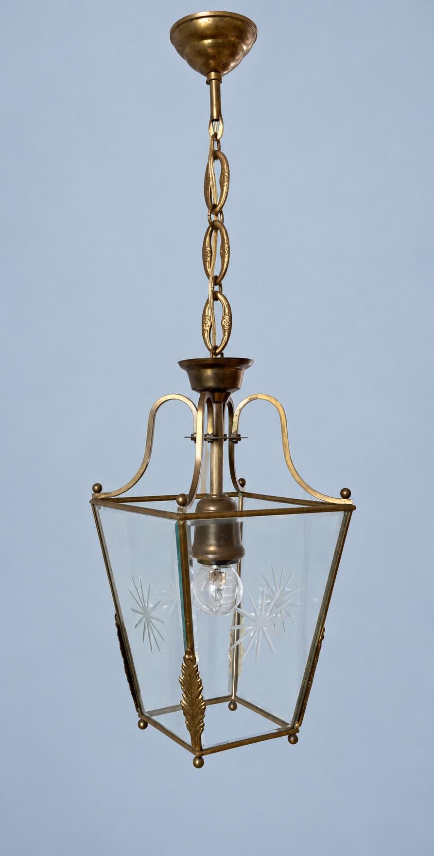 Vintage Brass Hall Lantern, Tapered Square Pendant with Bevelled Star-Cut Glass and Leaf Mounts, Attributed 20th Century, 64 cm