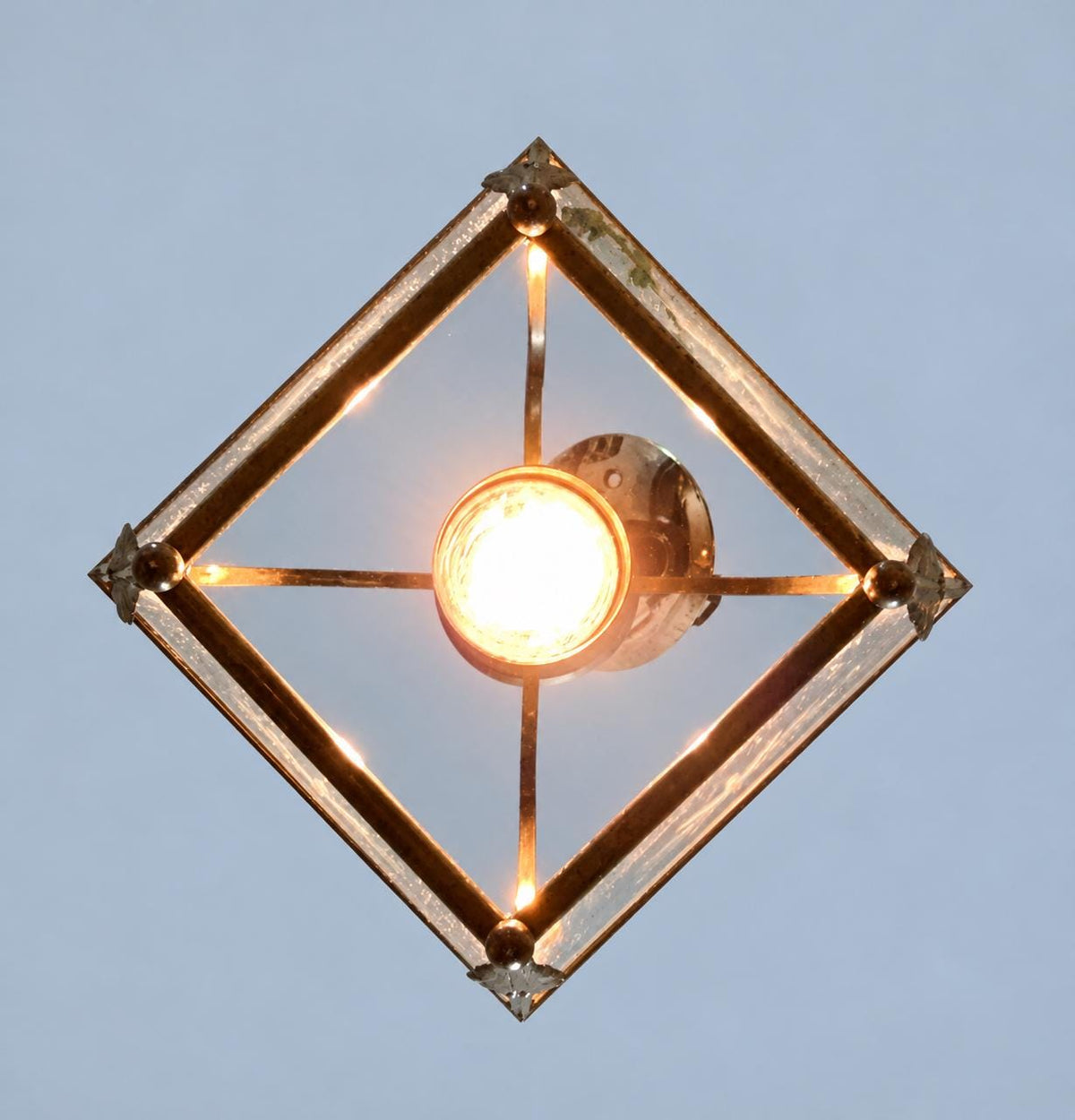 Vintage Brass Hall Lantern, Tapered Square Pendant with Bevelled Star-Cut Glass and Leaf Mounts, Attributed 20th Century, 64 cm