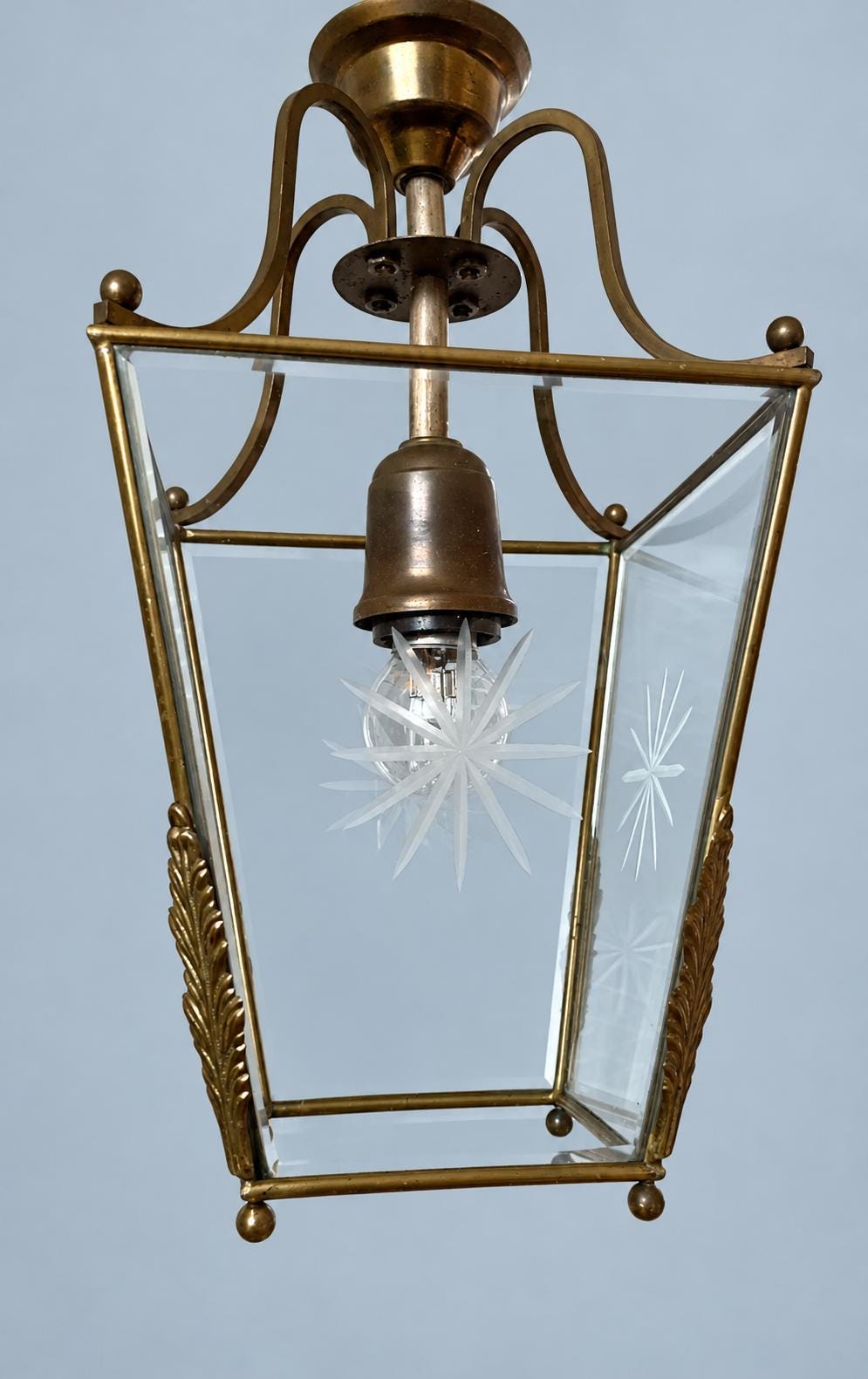 Vintage Brass Hall Lantern, Tapered Square Pendant with Bevelled Star-Cut Glass and Leaf Mounts, Attributed 20th Century, 64 cm