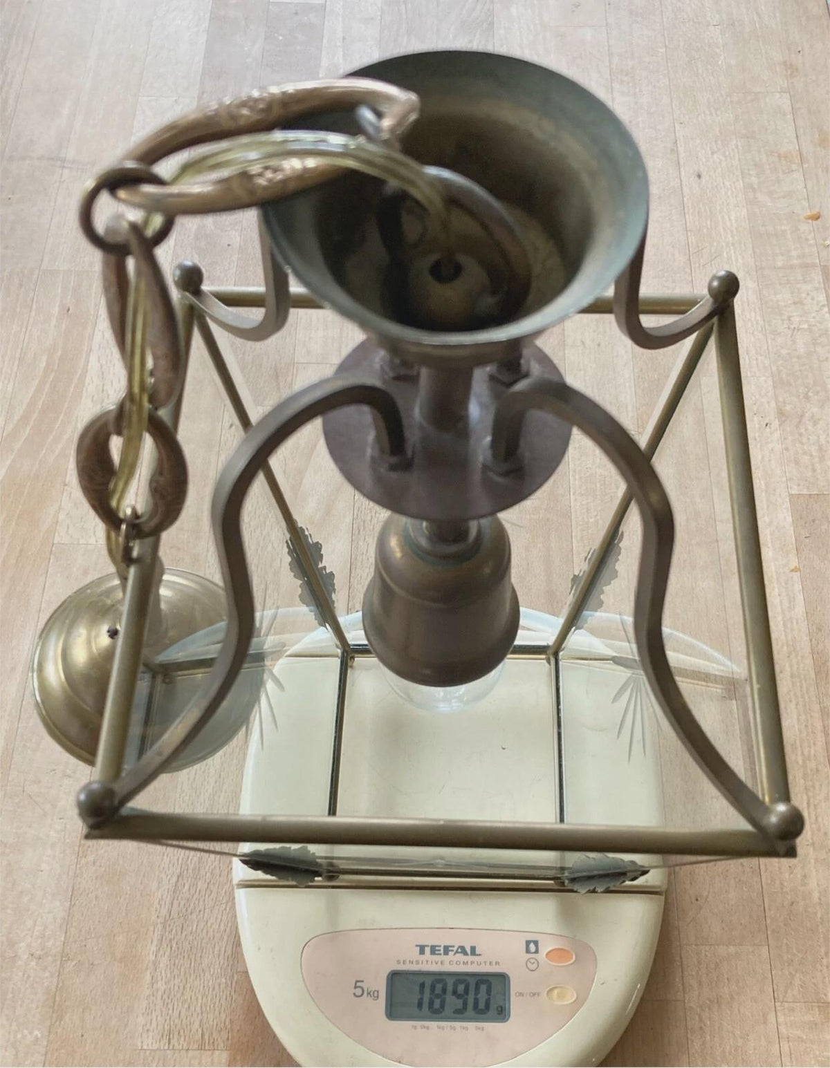 Vintage Brass Hall Lantern, Tapered Square Pendant with Bevelled Star-Cut Glass and Leaf Mounts, Attributed 20th Century, 64 cm