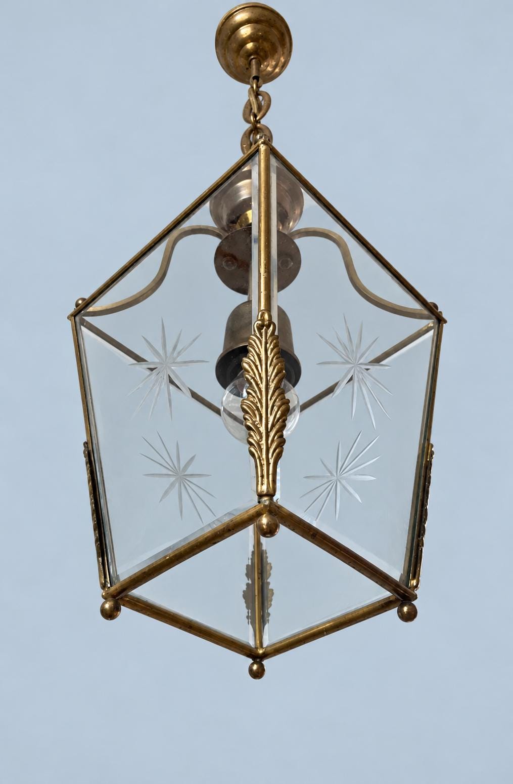 Vintage Brass Hall Lantern, Tapered Square Pendant with Bevelled Star-Cut Glass and Leaf Mounts, Attributed 20th Century, 64 cm