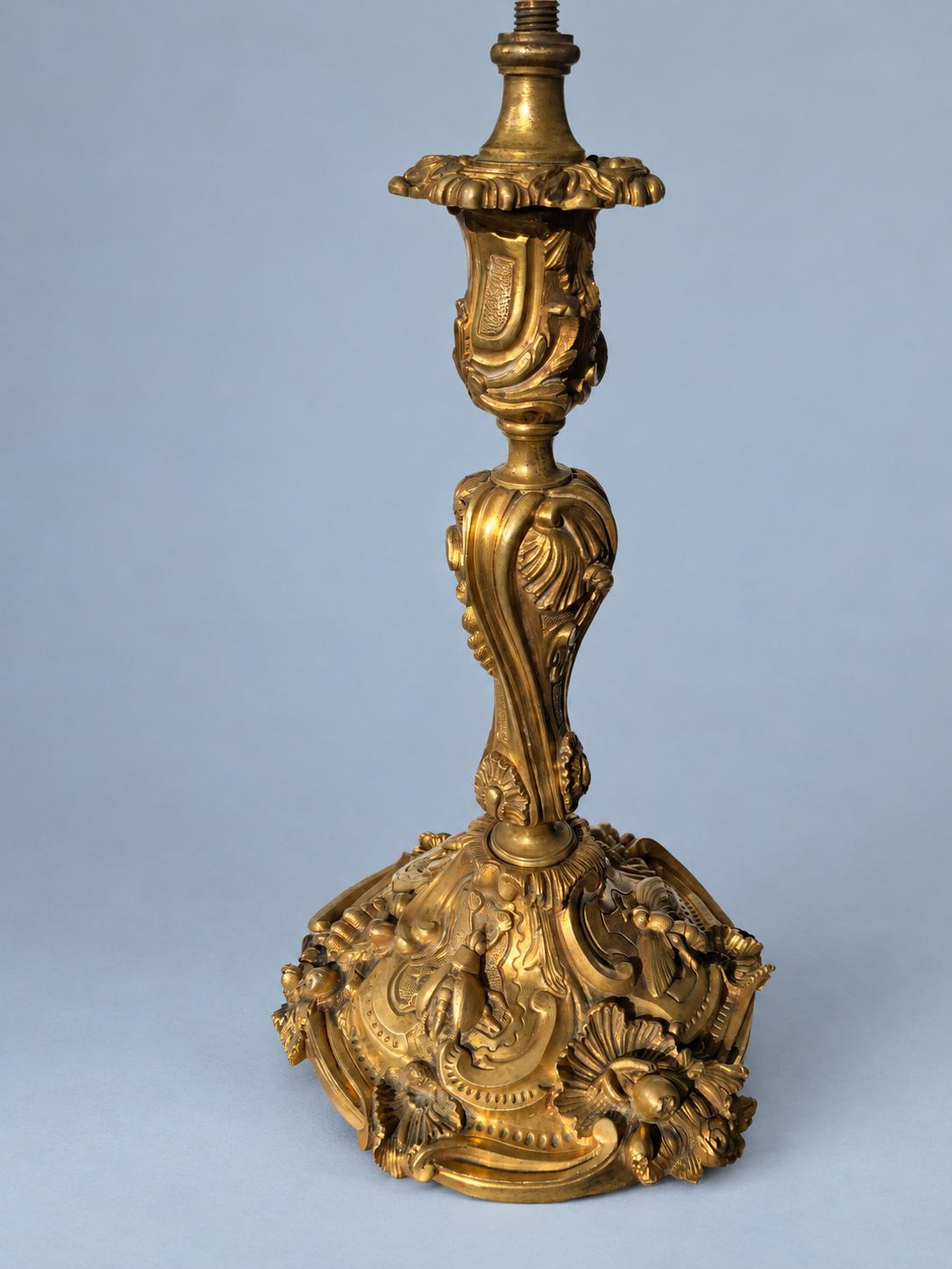 Vintage Large Louis XV Style Gilt Metal Candlestick, Attributed 19th Century, Relief Insects Among Flowering Branches, 31.5 cm