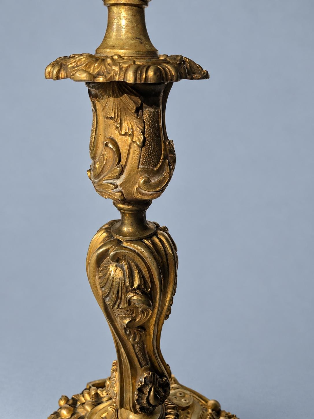 Vintage Large Louis XV Style Gilt Metal Candlestick, Attributed 19th Century, Relief Insects Among Flowering Branches, 31.5 cm