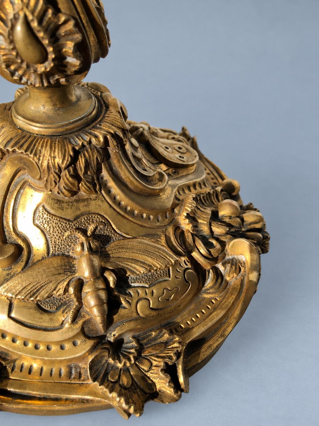 Vintage Large Louis XV Style Gilt Metal Candlestick, Attributed 19th Century, Relief Insects Among Flowering Branches, 31.5 cm