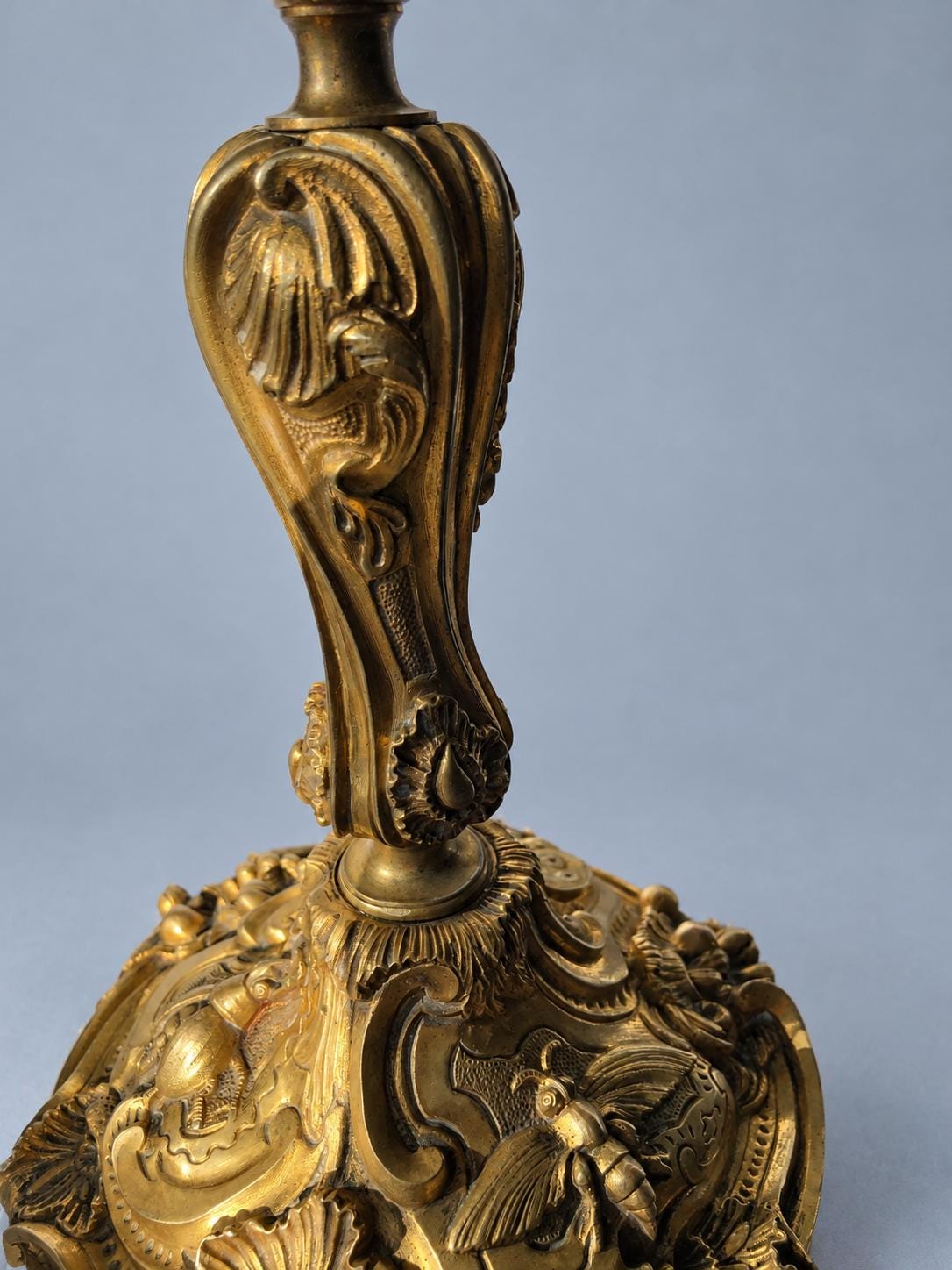 Vintage Large Louis XV Style Gilt Metal Candlestick, Attributed 19th Century, Relief Insects Among Flowering Branches, 31.5 cm