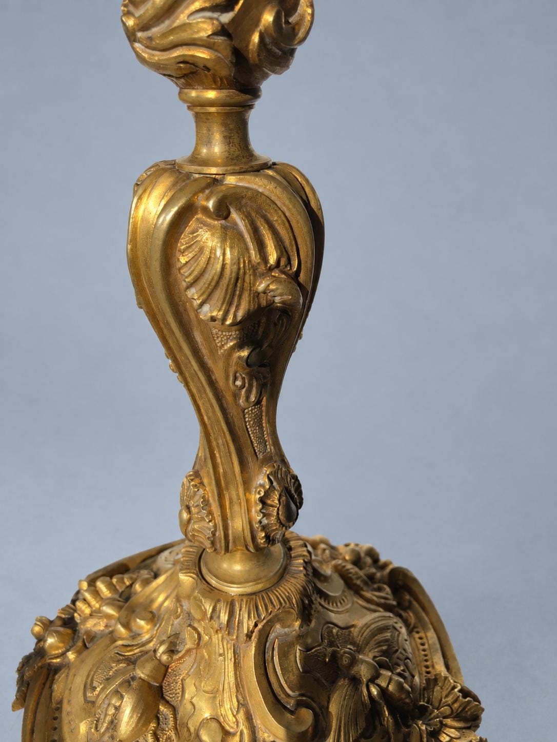 Vintage Large Louis XV Style Gilt Metal Candlestick, Attributed 19th Century, Relief Insects Among Flowering Branches, 31.5 cm
