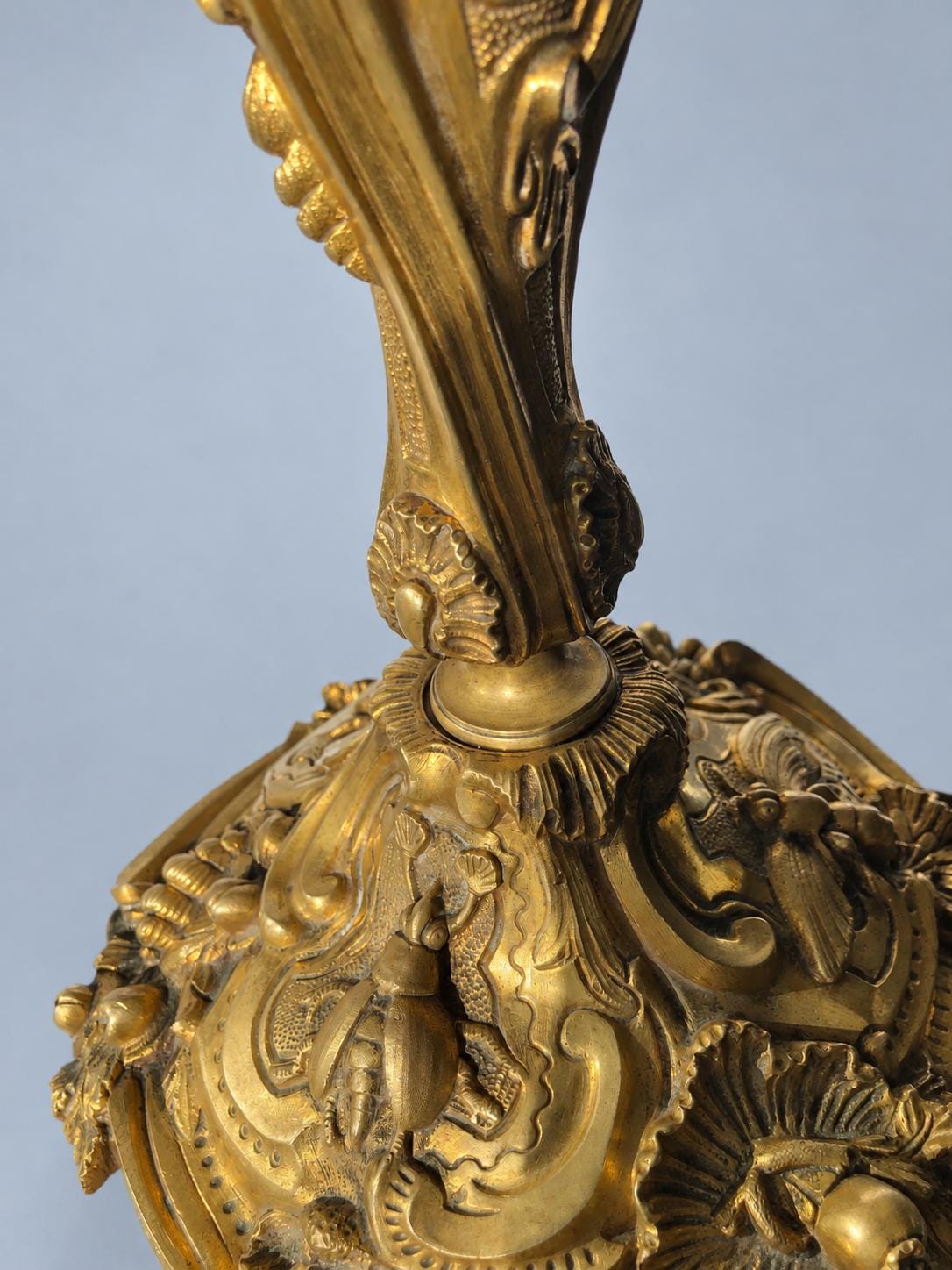 Vintage Large Louis XV Style Gilt Metal Candlestick, Attributed 19th Century, Relief Insects Among Flowering Branches, 31.5 cm