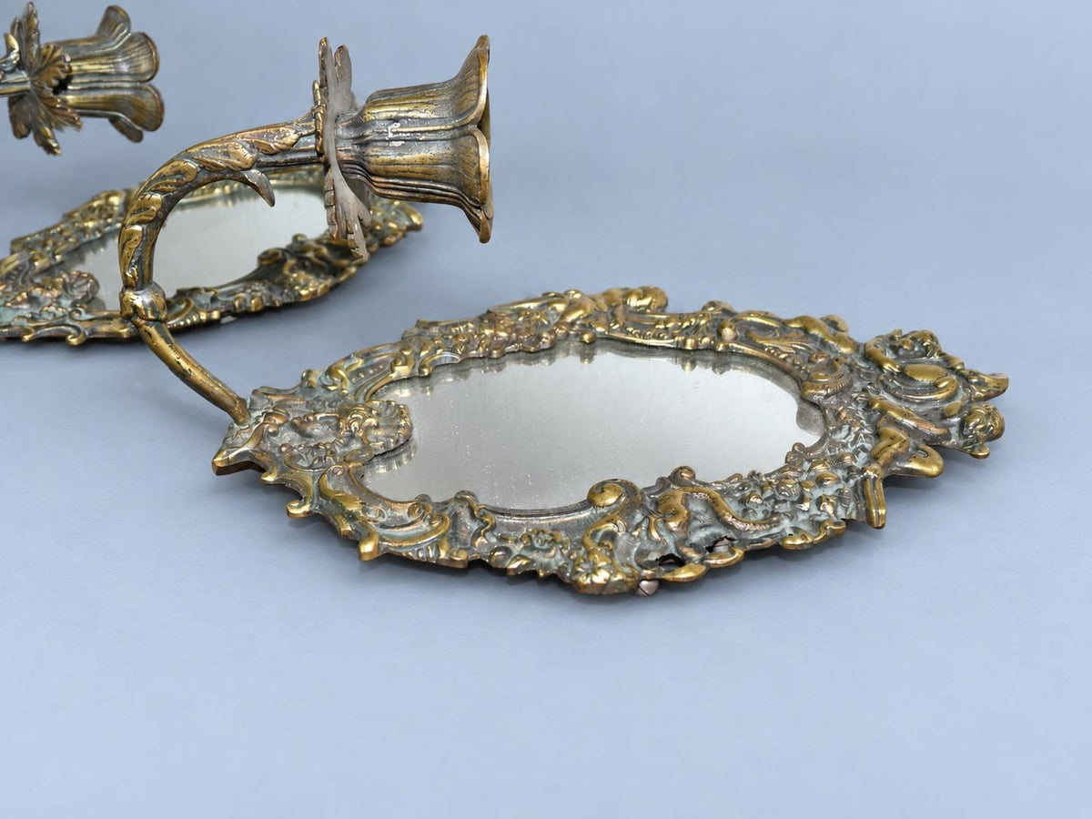 Vintage Pair of Rococo Style Mirror Candle Sconces with Putti, Attributed 19th Century, Patinated Metal, 21 cm