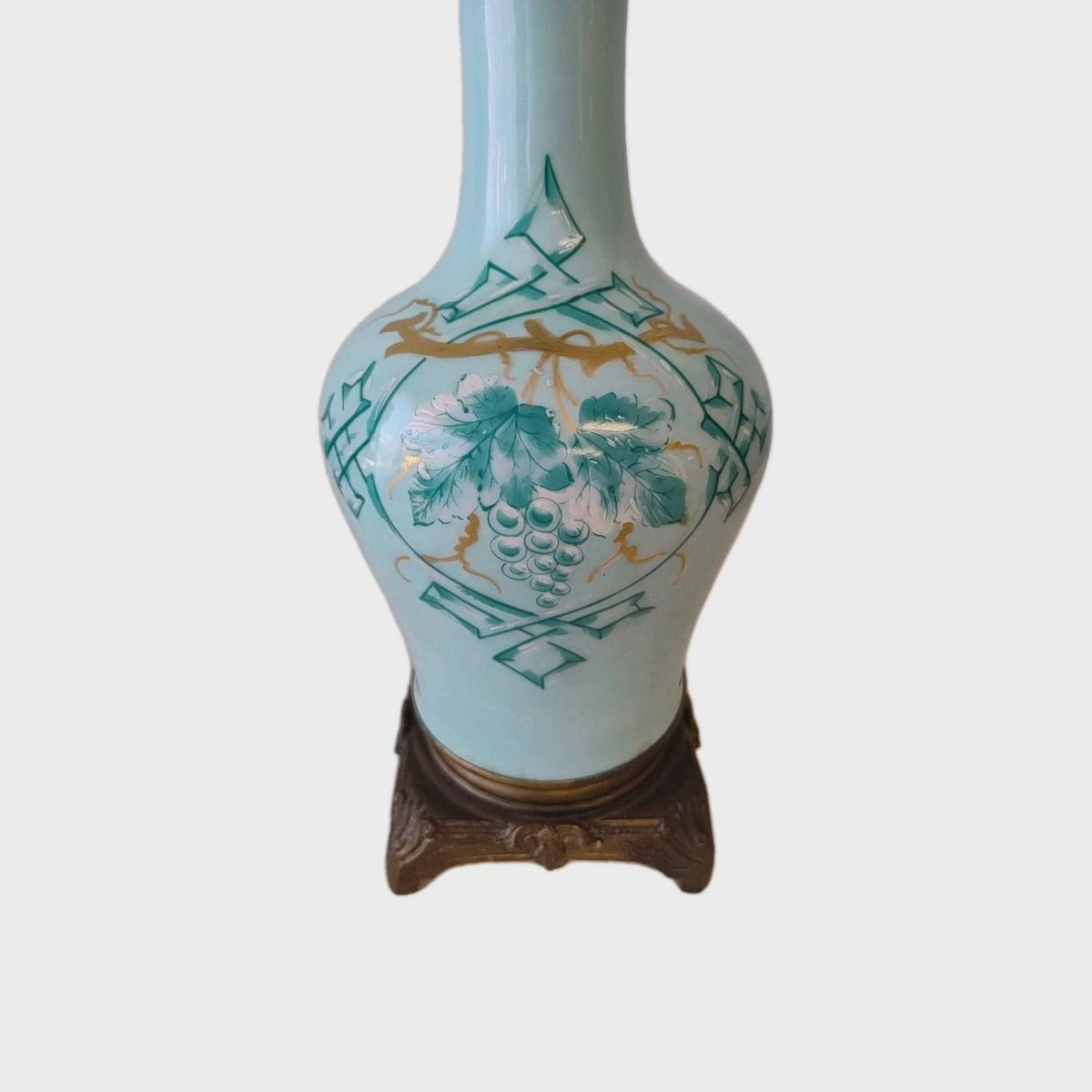 Vintage Celadon Porcelain Table Lamp with Grapevine Decoration, Attributed 19th Century, Patinated Metal Mounts, Sold Without Shade, 31 cm