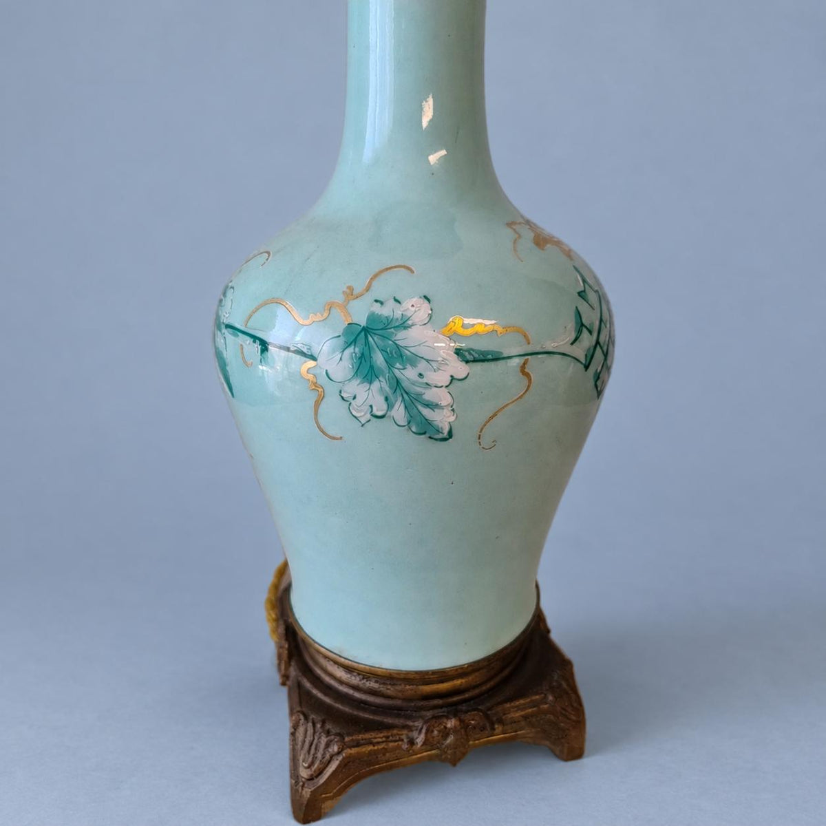 Vintage Celadon Porcelain Table Lamp with Grapevine Decoration, Attributed 19th Century, Patinated Metal Mounts, Sold Without Shade, 31 cm
