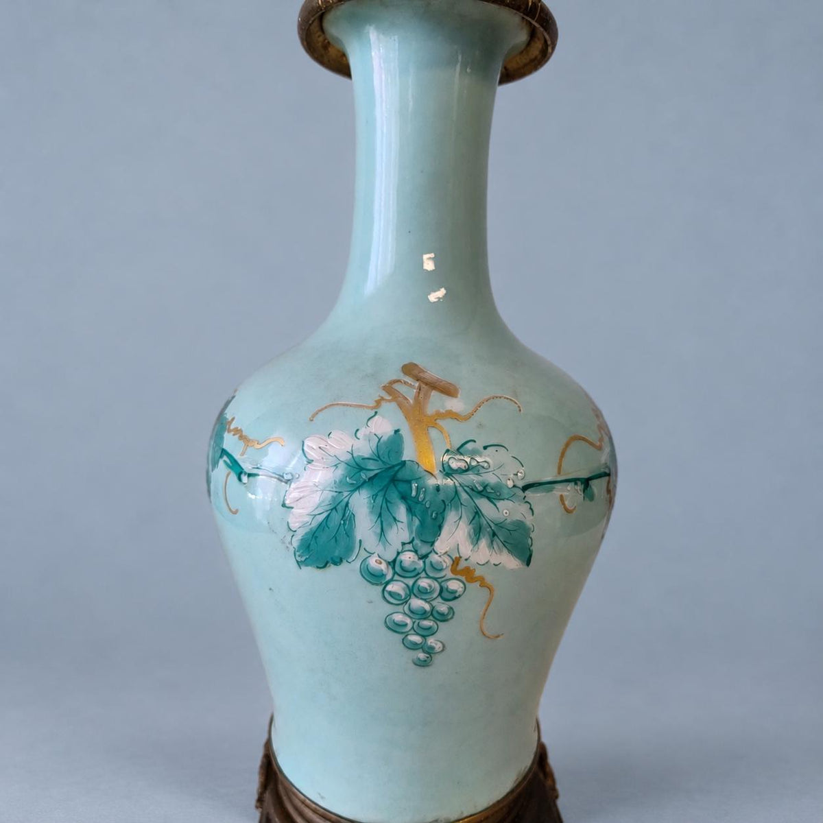 Vintage Celadon Porcelain Table Lamp with Grapevine Decoration, Attributed 19th Century, Patinated Metal Mounts, Sold Without Shade, 31 cm