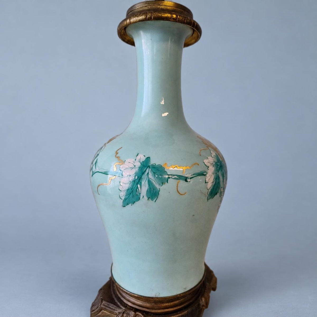 Vintage Celadon Porcelain Table Lamp with Grapevine Decoration, Attributed 19th Century, Patinated Metal Mounts, Sold Without Shade, 31 cm