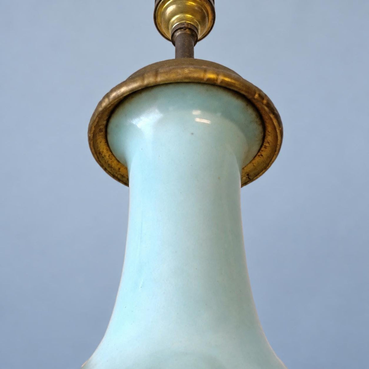 Vintage Celadon Porcelain Table Lamp with Grapevine Decoration, Attributed 19th Century, Patinated Metal Mounts, Sold Without Shade, 31 cm