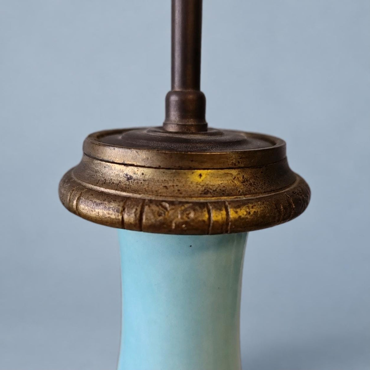 Vintage Celadon Porcelain Table Lamp with Grapevine Decoration, Attributed 19th Century, Patinated Metal Mounts, Sold Without Shade, 31 cm