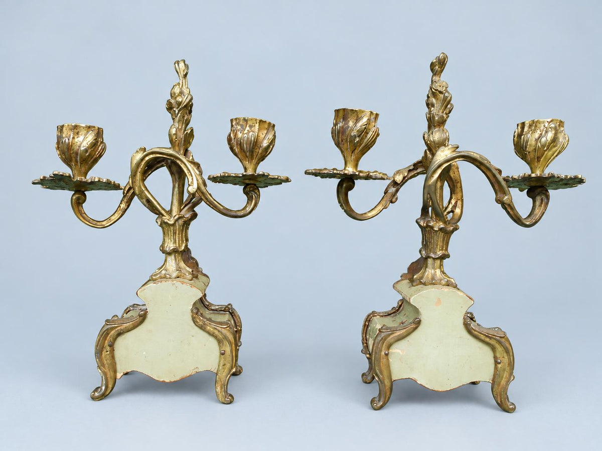 Vintage Pair of Rococo Two-Light Candelabra, Gilt Metal Scrolls on Hand-Painted Floral Bases, Attributed 19th Century, 23.5 cm