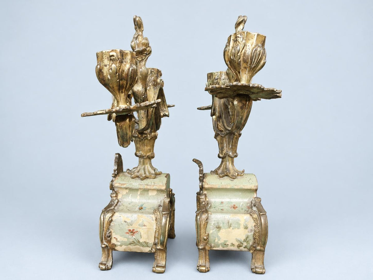 Vintage Pair of Rococo Two-Light Candelabra, Gilt Metal Scrolls on Hand-Painted Floral Bases, Attributed 19th Century, 23.5 cm