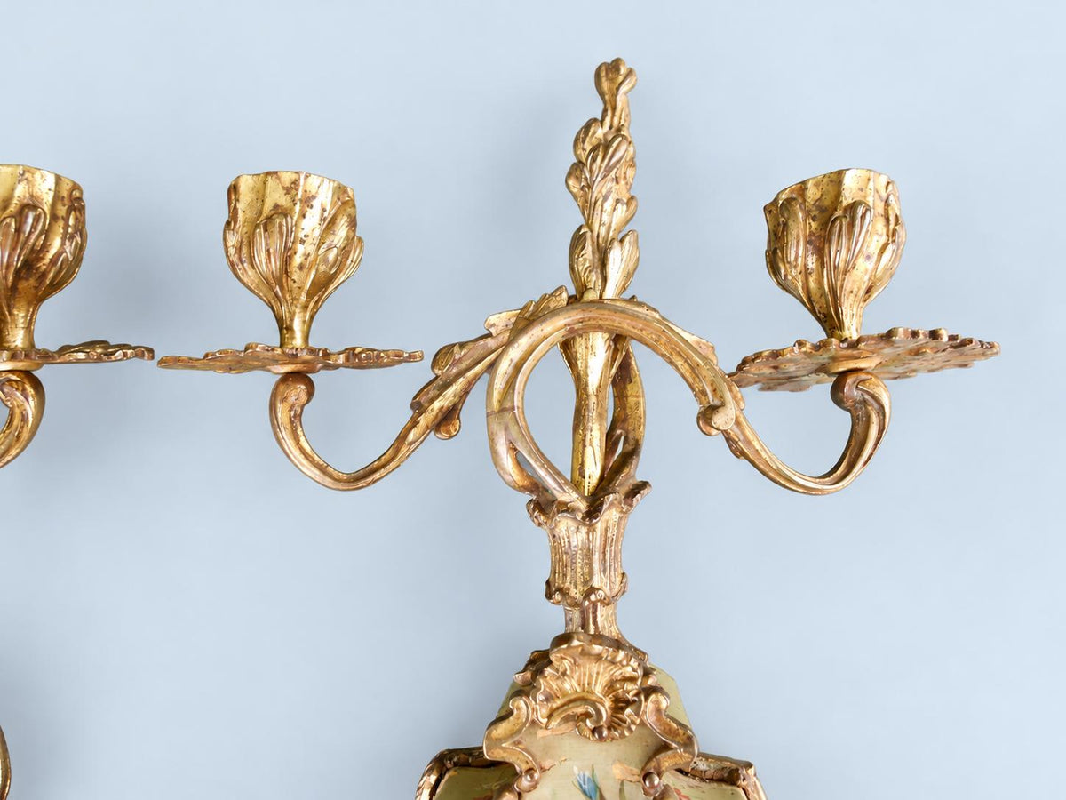 Vintage Pair of Rococo Two-Light Candelabra, Gilt Metal Scrolls on Hand-Painted Floral Bases, Attributed 19th Century, 23.5 cm