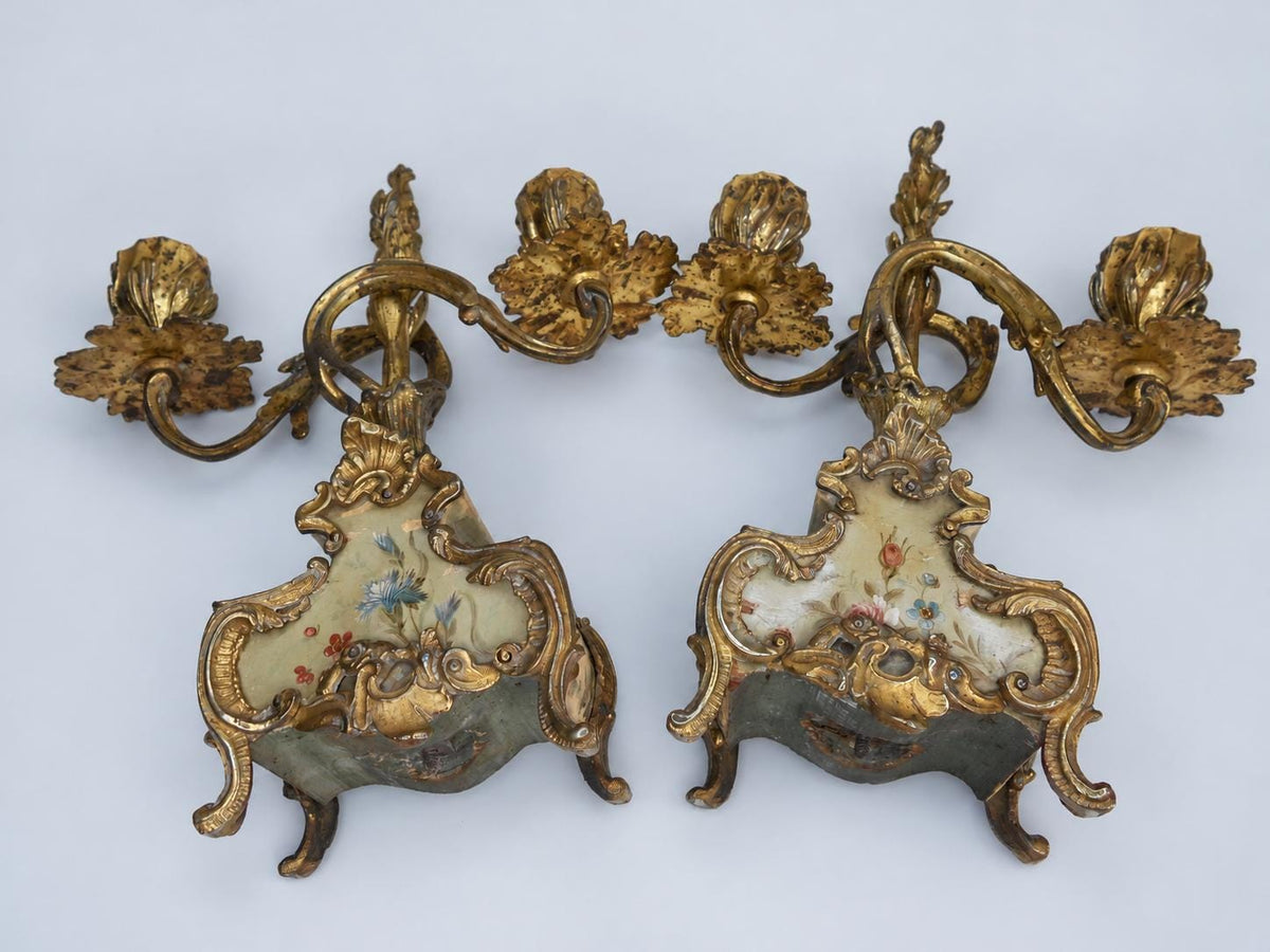Vintage Pair of Rococo Two-Light Candelabra, Gilt Metal Scrolls on Hand-Painted Floral Bases, Attributed 19th Century, 23.5 cm