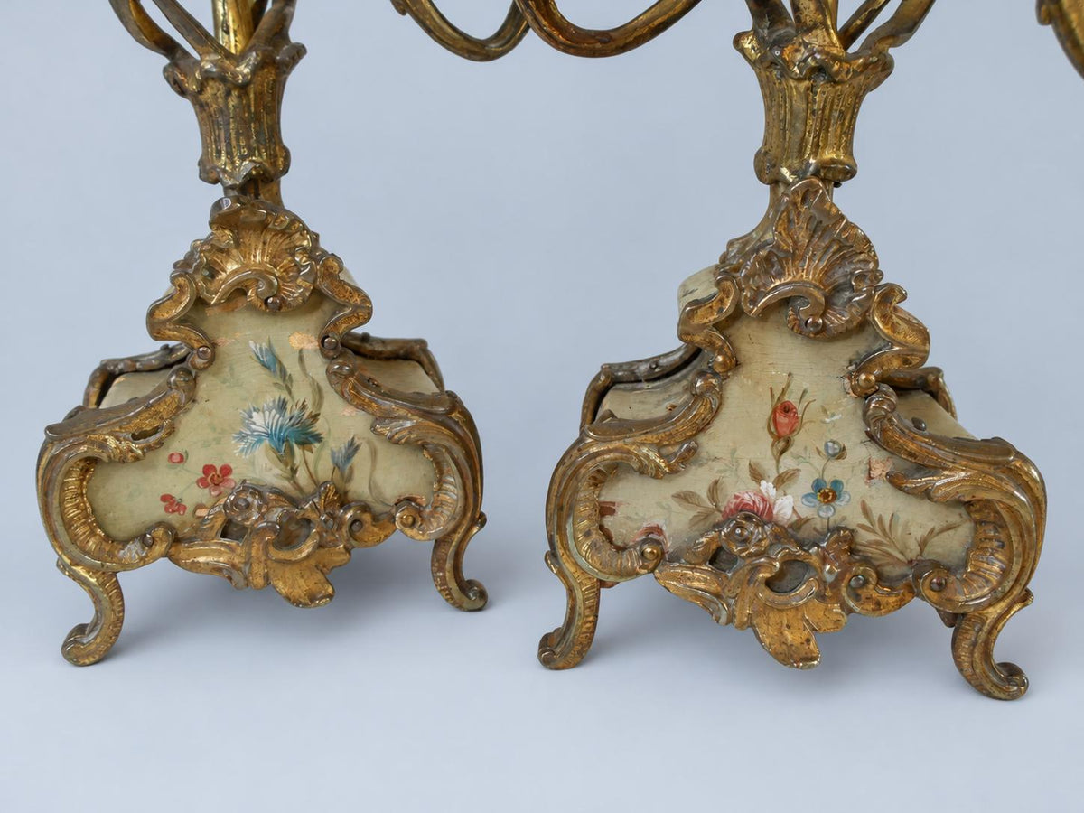 Vintage Pair of Rococo Two-Light Candelabra, Gilt Metal Scrolls on Hand-Painted Floral Bases, Attributed 19th Century, 23.5 cm