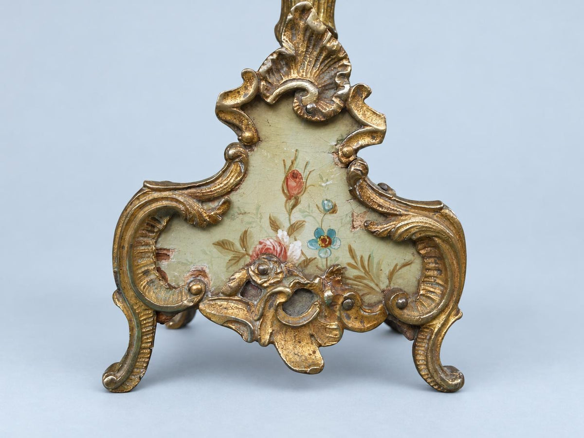 Vintage Pair of Rococo Two-Light Candelabra, Gilt Metal Scrolls on Hand-Painted Floral Bases, Attributed 19th Century, 23.5 cm