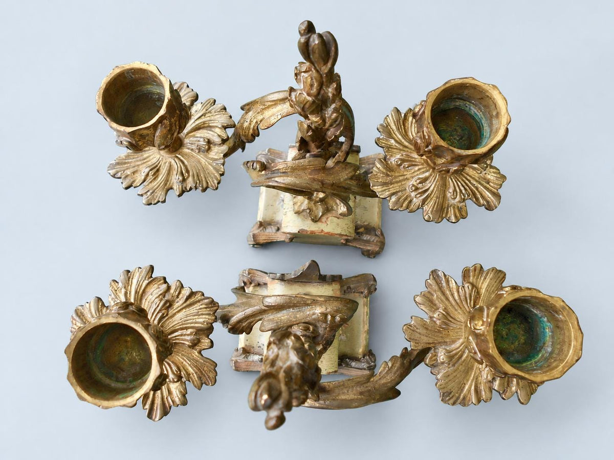 Vintage Pair of Rococo Two-Light Candelabra, Gilt Metal Scrolls on Hand-Painted Floral Bases, Attributed 19th Century, 23.5 cm